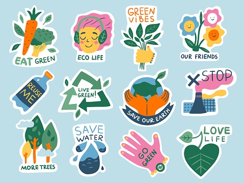 Ecology stickers. Green lifestyle. Eco saving. Love nature. Isolated slogan and environment elements. Color doodle style. Vegan eating. Stop pollution. Waste recycle. Vector Planet friendly labels set