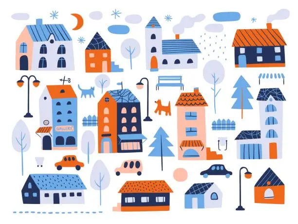 Vector illustration of Houses city elements. Tiny cozy homes, park and street objects. Small funny residential buildings. Cars on roads. Outdoor benches. Trees and fences. Cats and dogs. Vector landscape set