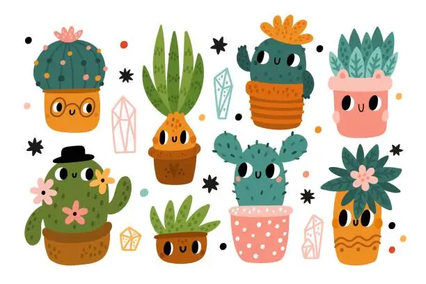 Vector illustration of Cute cactus and succulents. Funny desert plants characters with faces. Happy cacti with flowers in different color pots. Childish style houseplants collection. Vector flowerpots set