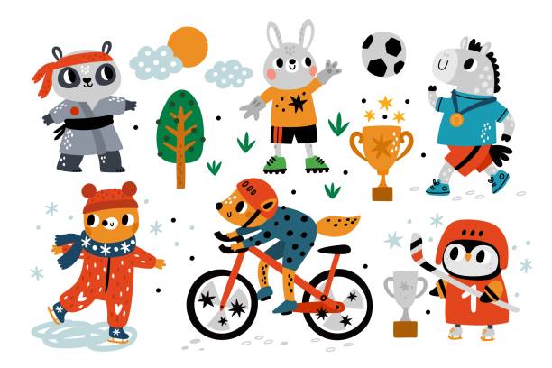 illustrations, cliparts, dessins animés et icônes de animaux de sport. personnages d’athlètes de dessins animés avec équipement. pingouin jouant au hockey. football ou karaté. motivation pour un mode de vie sain. renard à vélo. ski et course à pied. ensemble de sportifs vectoriels - running horses