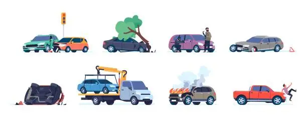 Vector illustration of Car road accident. Different situations with wrecked vehicles. Evacuator picks up car. Automobile crashes and knocking pedestrian. Thieves steal auto. Vector transport disasters set