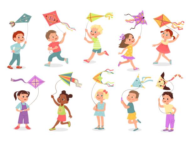 Kids with kites. Happy children play with color kites, different design flying toys, funny boys and girls, outdoor active summer games, vector cartoon flat style isolated set Kids with kites. Happy children play with color kites, different design flying toys, funny boys and girls with wind controlled toy, outdoor active summer games, vector cartoon flat style isolated set sky kite stock illustrations