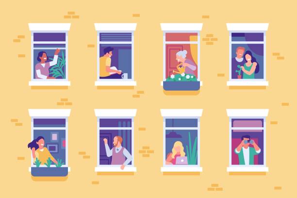 People in windows. Housemates engaged in everyday household chores. Woman watering flowers. Man looking through binoculars. Couple reading on windowsill and hugging. Vector neighbors set People in windows. Happy housemates engaged in everyday household chores. Woman watering flowers. Young man looking through binoculars. Couple reading on windowsill and hugging. Vector neighbors set zills stock illustrations