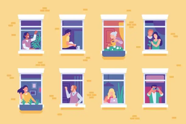 Vector illustration of People in windows. Housemates engaged in everyday household chores. Woman watering flowers. Man looking through binoculars. Couple reading on windowsill and hugging. Vector neighbors set