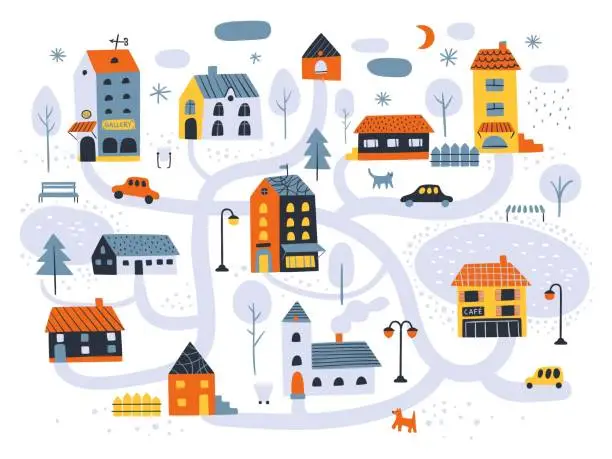 Vector illustration of Houses city map. Winter streets scheme, tiny funny buildings with roads, parks and city elements, walking animals and trees, childish doodle abstract vector cartoon isolated concept