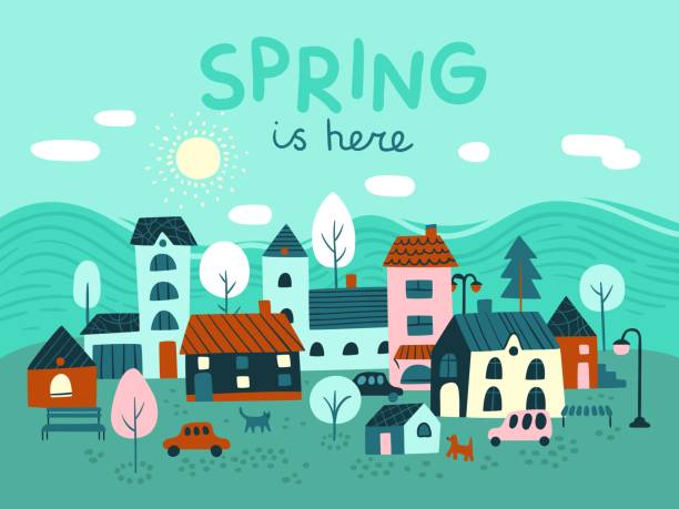 ilustrações, clipart, desenhos animados e ícones de casas pequenas cidade. uma cidade enorme. humor da temporada de primavera no centro da cidade banner. prédios bonitos e carros. árvores e animais de estimação. fundo paisagístico urbano. bela vila. pôster vetorial da primavera - urban scene small city banner