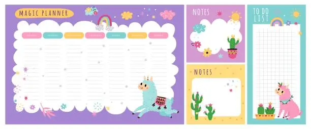Vector illustration of Cute llamas weekly planner. Kids schedule of classes. Notes and to do list. Memo pages with cactuses. Alpaca unicorn. Timetable design with animals. Organizer sheets. Vector reminders set