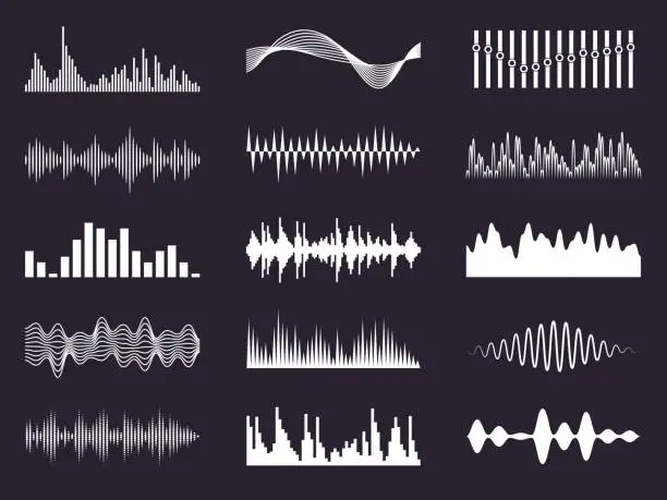 Vector illustration of White music waves. Digital sonic visualization. Electronic graphic signals. Sound tracking equalizer. Audio symbols. Soundtrack recorder signs. Melody frequency. Vector waveforms set