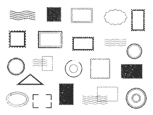 illustrazioni stock, clip art, cartoni animati e icone di tendenza di filigrana postale. spegni cornici di timbro di diversi tipi. impronte nere. adesivi ed etichette di viaggio. sigilli timbri postali. bordi geometrici inchiostrati vintage e linee d'onda. set di segni di posta vettoriali - francobollo postale