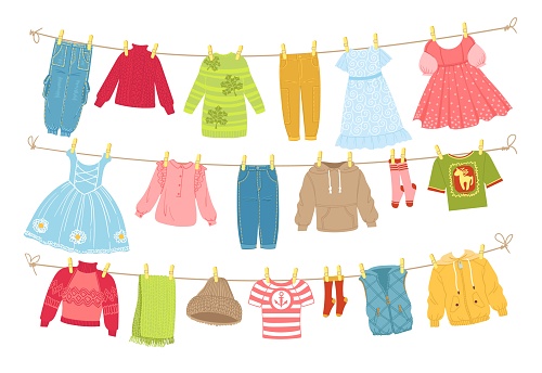 Baby clothes ropes. Washed kids garment hanging on cords and dries. Boyish and girly things on clothesline with clothespins. Bright dresses and trousers. Socks and sweaters. Vector drying clothing set