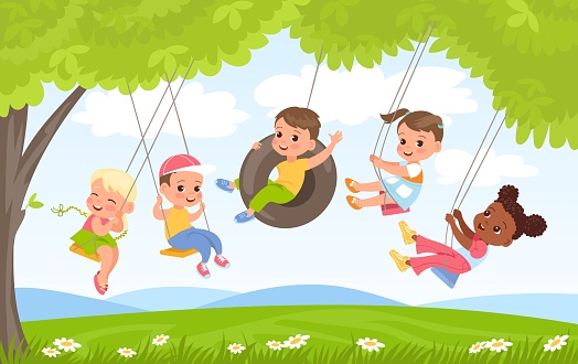 Children rope swings. Kids play on nature. Friends group swinging under trees foliage. Flying on wheel tire. Girls and boys have fun. Outdoor activities. Summer leisure. Vector concept