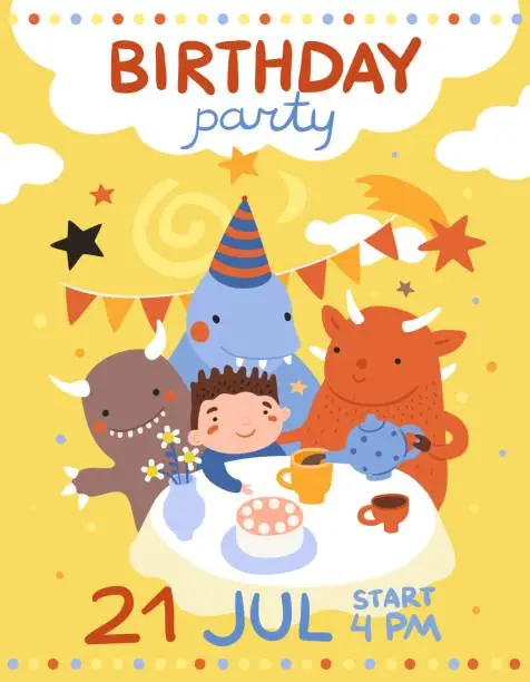 Vector illustration of Children birthday. Little boy drinking tea with friends. Kind monsters feast. Kids holiday party with fantastic creatures. Imaginary bizarre animals celebrate holiday. Vector invitation