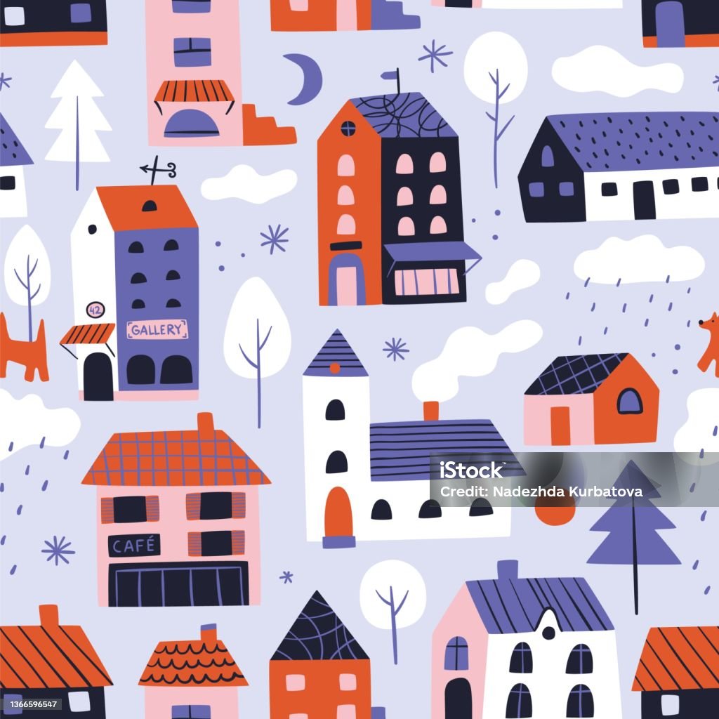 Houses Seamless Pattern Winter City Buildings Cozy Tiny Architecture ...