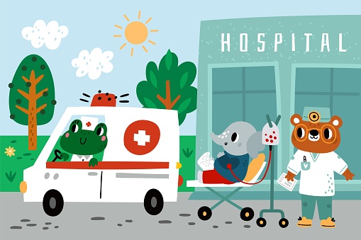 Patient in ambulance. Elephant on medical gurney. Creature loading into car. Bear doctor in uniform. Cartoon animal characters. Treatment in hospital. Medicine and health care. Vector concept