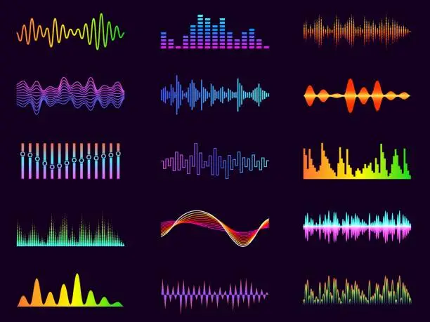 Vector illustration of Color sound waves. Neon audio frequencies. Electronic music graphic elements. Digital equalizer diagrams or sonic spectrum visualization. Abstract chart. Vector soundtrack waveforms set