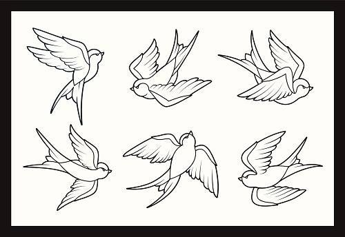 Old school tattoo swallow birds set. Line art style vector birds.