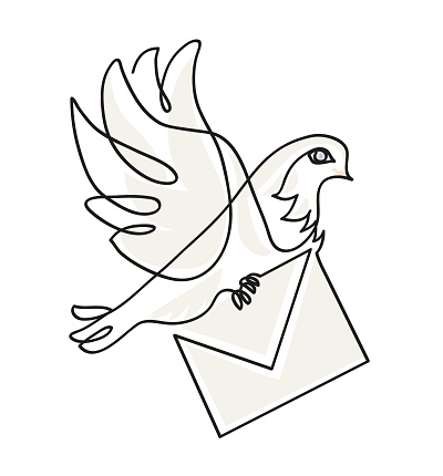 One line drawing of white dove carrying envelope.