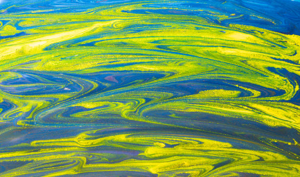 istock Waves concept. Abstract colorful image. Creative Blue, yellow, green color. Hand painted background. Paint toners brush mix . Wallpaper, textured background sample. Flat lay design. Contemporary art. 1366598305