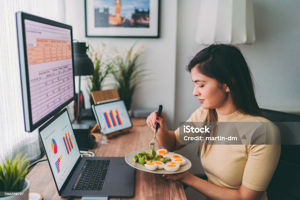 Home office Businesswoman working at home Ketogenic Diet Stock Photo