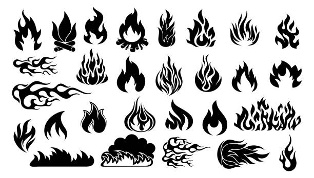 A set of fiery tongues of flame. Collection of hot flaming element. Isolated silhouettes on a white background Collection of hot flaming element. flame silhouettes stock illustrations