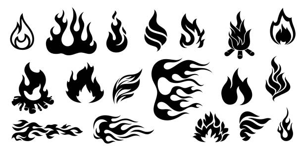 eine reihe feuriger flammenzungen. sammlung von heißem flammendem element. isolierte silhouetten auf weißem hintergrund - devil chili stock-grafiken, -clipart, -cartoons und -symbole