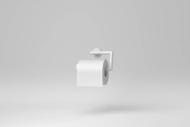 White Toilet paper hanging on a white background. minimal concept. monochrome. 3D render.