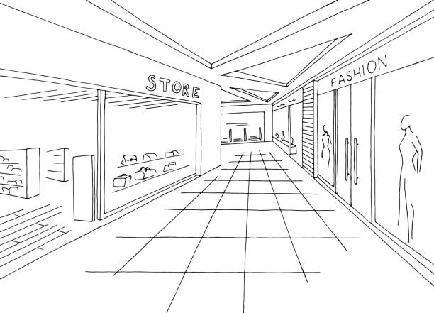 쇼핑몰 그래픽 블랙 화이트 인테리어 스케치 일러스트 벡터 - boutique fashion indoors shopping stock illustrations