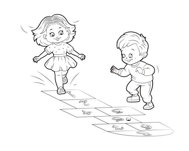 ilustrações, clipart, desenhos animados e ícones de colorir a garota e o garoto estão pulando enquanto brincam de hopscotch. ilustração vetorial em estilo desenho animado, linhas em preto e branco - leapfrog