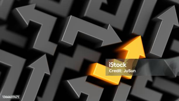 Success Yellow Arrow On Black Arrows Background Standing Out From The Crowd Lucky Business Achievements And Leadership Concept Stock Photo - Download Image Now