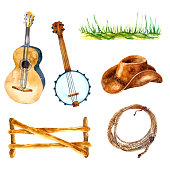 istock Vintage watercolor country set. Cowboy hat, banjo; guitar, lasso, wood fence, green grass. Watercolor painting isolated on white background. 1366601610