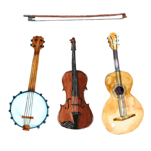 ilustraciones, imágenes clip art, dibujos animados e iconos de stock de conjunto musical. acuarela aislada sobre fondo blanco. - musical instrument string illustrations