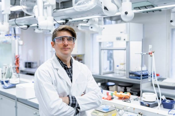 Portrait of confident medical researcher in laboratory stock photo
