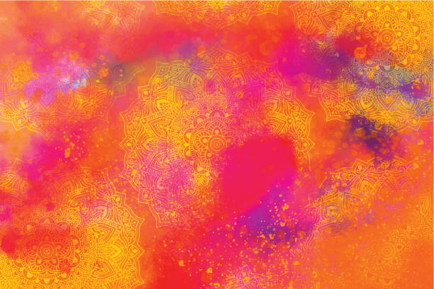 Holi Festival Burst of Colors Mandala Painted Spray Grunge Abstract Background Hand-painted, hand-drawn colorful watercolor texture mandala design. Design for book covers, posters, greeting cards, placards, invitations, flyers, and brochures. Vector illustration with spray paint, stains, vibrant colors, a burst of colors. backgrounds symbols stock illustrations