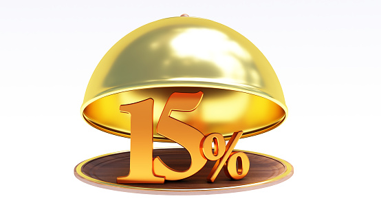 3d render of Restaurant cloche and golden word 15 percent inside. Restaurant cloche with golden fifteen percent off isolated on white background.