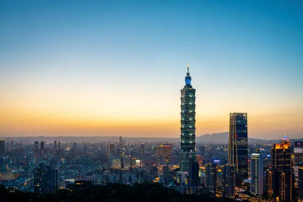 A high angle view over the city of Taipei at dusk