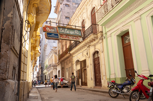 Havana, Cuba - March 23, 2010: Old sign of the Lafayette restaurant and bar in the Old Havana district