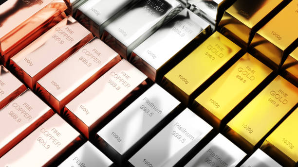 goldbarren, silber, kupfer, platin, 1000 gramm reines metall, geschäftsinvestitionen und vermögenskonzept. - kupfer börse stock-fotos und bilder