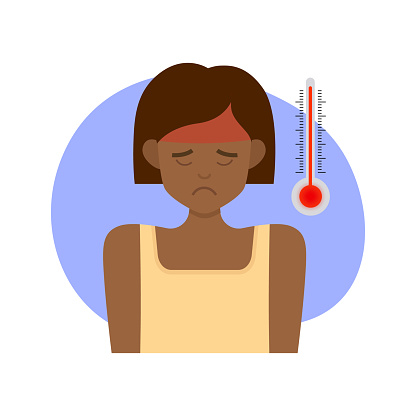 Young black woman with high temperature and fever. Headache, sickness. Thermometer. Flat vector illustration on white background. ARVI, coronavirus, flu concept