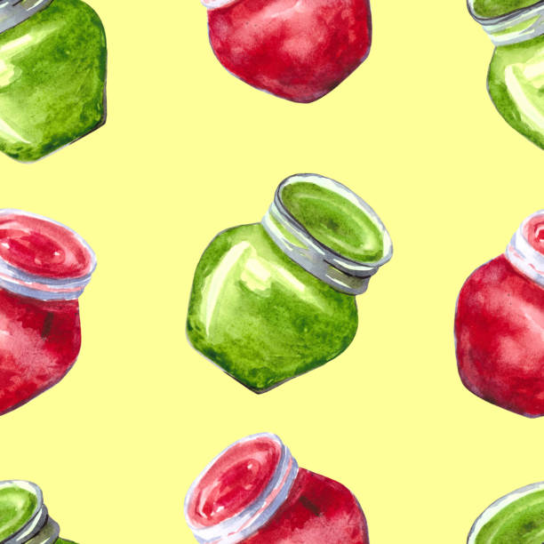 소스의 빨간색과 녹색 항아리와 매끄러운 패턴 : 페스토와 케첩. 수채화 배경, 직물, 벽지 및 음식, 조미료 및 요리의 테마를 디자인합니다. - jar pesto sauce packaging food stock illustrations