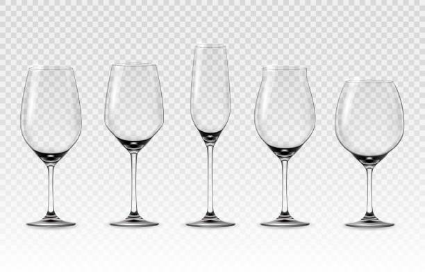 Realistic wine glass. Empty transparent crystal shiny high and round wineglasses. 3D stemware for grape alcohol beverages. Drinks serving glassware. Vector classic bar tableware set Realistic wine glass. Empty transparent crystal shiny high and round wineglasses. 3D clear stemware for grape alcohol beverages. Drinks serving glassware. Vector isolated classic bar tableware set wineglass stock illustrations