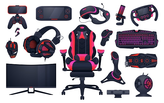 Game accessories. Professional gaming and IT profession equipment. Gamepad and computer monitor. PC peripherals. VR glasses or keypad. Isolated chair and headset. Vector devices set