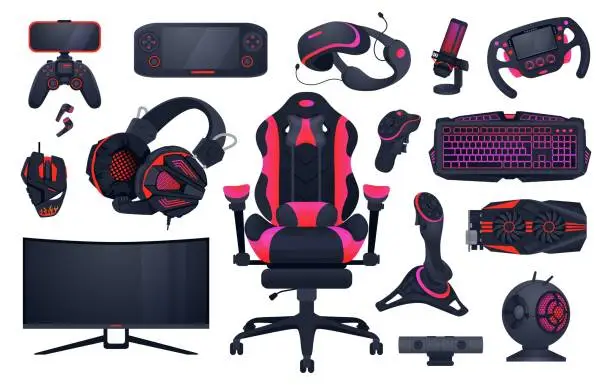 Vector illustration of Game accessories. Professional gaming and IT profession equipment. Gamepad and computer monitor. PC peripherals. VR glasses or keypad. Isolated chair and headset. Vector devices set