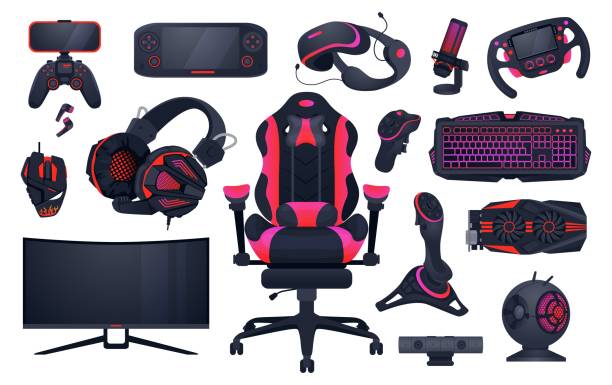 game accessories. professional gaming and it profession equipment. gamepad and computer monitor. pc peripherals. vr glasses or keypad. isolated chair and headset. vector devices set - gamer 幅插畫檔、美工圖案、卡通及圖標