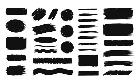 Brush stroke banner. Black splash shape ink texture. Isolated paintbrush stains. Abstract messy spots and lines. Rough paint smears. Brushstroke underlines and strips. Vector grunge background set