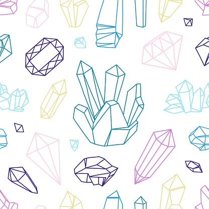 Treasure stones pattern. Seamless print with outline diamond and crystals gemstones. Faceted gems. Natural minerals. Precious ruby and amethyst. Line rhinestone. Luxury jewels. Vector rock texture