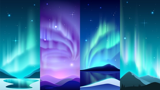 Aurora posters. Realistic Northern night starry sky glowing light with winter snowy landscapes. Mountains scenery. Arctic and Antarctic polar heaven illumination. Vector nighttime scenic panoramas set