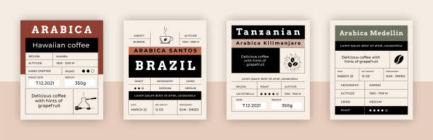 ilustrações de stock, clip art, desenhos animados e ícones de coffee package emblem. vintage arabica pack label mockup with minimalistic graphic grid layout and place for text. roasted beans square packaging tags. vector espresso drink stickers set - coffee bean coffee label retro revival