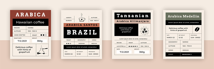 Coffee package emblem. Vintage Arabica pack label mockup with minimalistic graphic grid layout and place for text. Roasted beans square packaging paper tags. Vector espresso drink retro stickers set