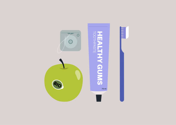 치과 위생 용품 세트, 치약 튜브, 칫솔, 치실 및 녹색 사과 - toothpaste stock illustrations