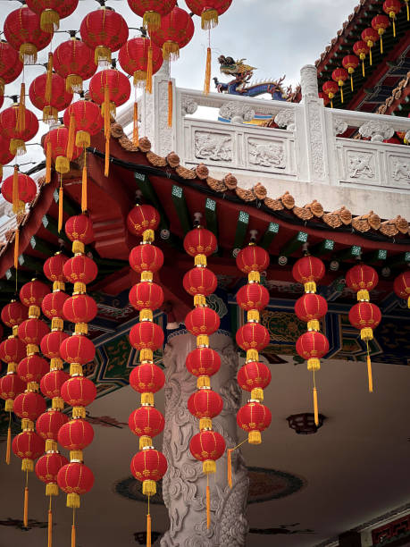 istock White Staircase at the temple courtyard with  red lanterns and overcast sky 1366608173